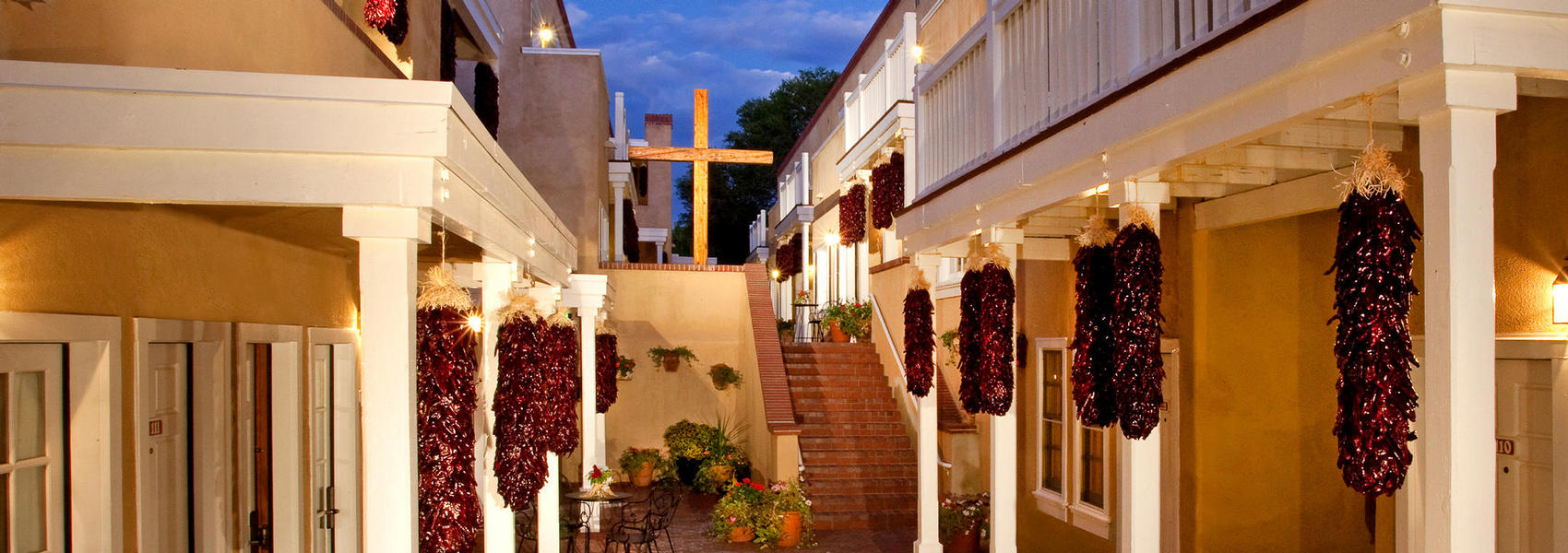 Hotel Chimayo patio with chile ristras